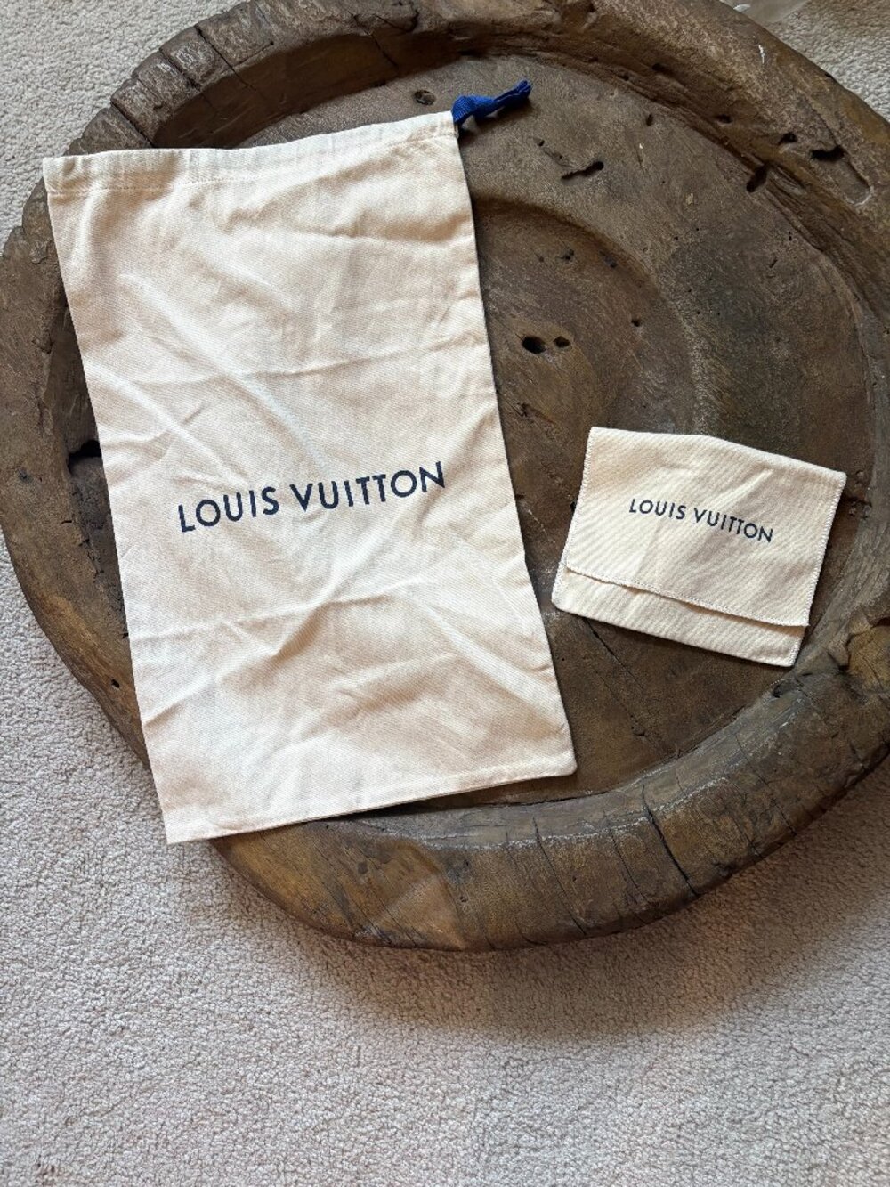 Louis Vuitton lot of two recycled cotton cream navy dust bags [READ]